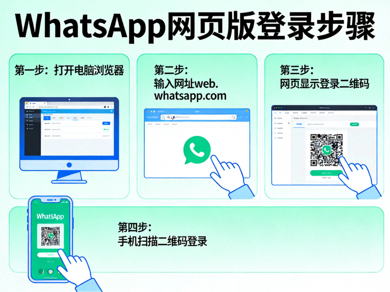 在电脑浏览器中打开WhatsApp网页版并扫描二维码的步骤示意图